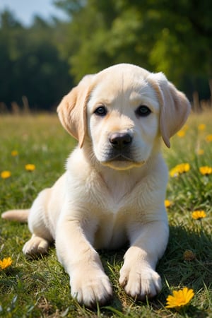 labrador retriever puppy lying on a beautiful summer day