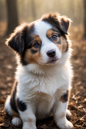 Australian shepherd, puppy realistic photo, sweet atmosphere, all very detailed, masterpiece