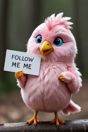 a furry, cute and soft mupped pink bird holding a sign that says "follow me"