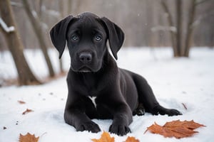 A black Great Dane puppy in winter. 