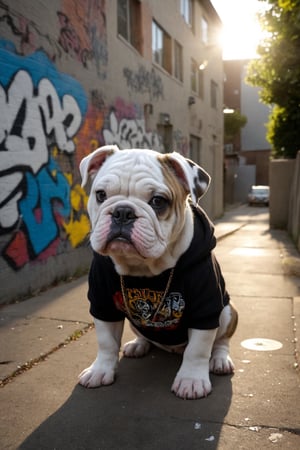english bulldog puppy dressed in hiphop, in a neighborhood with graffiti, realistic environment with sun reflections and shadows, very high quality cinematographic scenography, breathtaking scene of a great masterpiece, crazy 8k graphics, everything wonderful and detailed photorealistic, kitakoumae