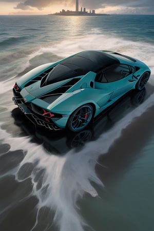 coche lamborghini unico en el mundo solo en una plataforma en medio del mar solo, triste de lujo, trasmitiendo tristeza y soledad, creativo, concepto nuevo, linias nuevas 