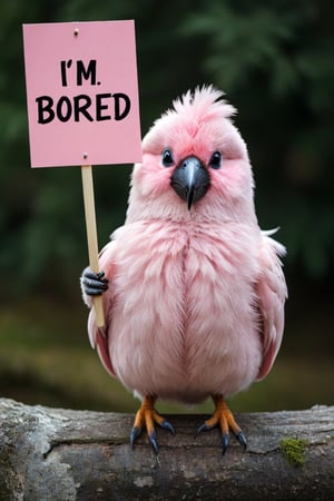 a furry, cute and soft mupped pink bird holding a sign that says "I'm bored"