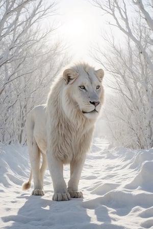 natural scenery, white lion in winter, realistic environment with sun reflections and shadows, very high quality cinematographic scenography, breathtaking scene of a great masterpiece, crazy 8k graphics, everything wonderful and detailed photorealistic, kitakoumae