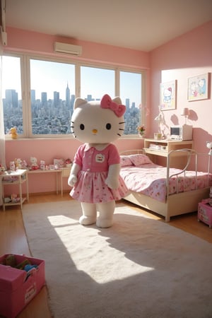 funny dressed puppy hello kitty, colorful apartment with many games, realistic environment with solar reflections and shadows, very high quality cinematographic scenography, breathtaking scene of a great masterpiece, crazy 8k graphics, everything wonderful and detailed photorealistic, kitakoumae