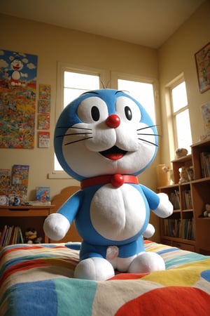 Doraemon puppet plays in his colorful bedroom with lots of games, realistic environment with solar reflections and shadows, very high quality cinematographic scenography, breathtaking scene of a great masterpiece, crazy 8k graphics, everything wonderful and photorealistic detailed, kitakoumae
