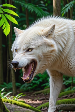 White wolf, realistic fangs, color, Amazon forest realistic environment, with reflections of light and shadow, very high quality cinematographic scenography, breathtaking scene, 8k, very detailed, Extremely realistic, Realistic and detailed fangs and canines