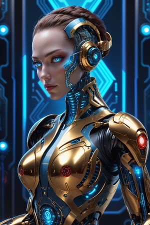 alien humanoid, artwork of a futuristic artificial intelligence superstar with frames made of detailed circuits. marvel studios concept art. artstation HQ. creative character blue/glass gold design for cyberpunk, red fiery eyes, intricate, elegant, 8k, highly detailed, digital painting, concept art, smooth, sharp focus, league of legends concept art