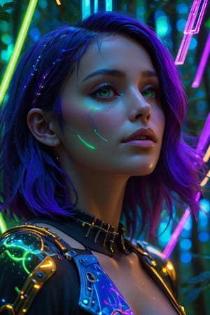 close up portrait, lucid dream-like woman, off-centered, looking off in distance  style | daydreampunk, beautiful, she is dripping in neon lights, colorful, bioluminescent, glowing  background | forest, vivid neon wonderland, particles, blue, green, purple parameters | golden ratio, hyper- maximalist, octane render, photorealism, cinematic realism, unreal engine, 8k, assymetric composition