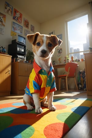 funny dressed puppy bing, colorful apartment with many games, realistic environment with solar reflections and shadows, very high quality cinematographic scenography, breathtaking scene of a great masterpiece, crazy 8k graphics, everything wonderful and detailed photorealistic, kitakoumae