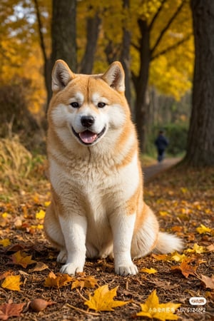 An Akita Inu, funny pose, in autumn, realistic environment with lights and shadows, all very detailed and high quality, cover photographic masterpiece, cat, 