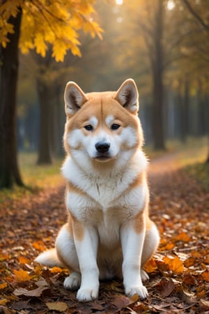 Un cucciolo di Akita Inu, di un mese di età, sdraiato, posa buffa, in autunno, ambiente realistico con luci e ombre tutto molto dettagliato di alta qualità, capolavoro fotoscenico da copertina