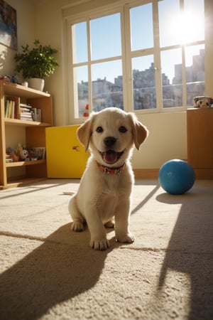 funny puppy dog ​​playing, colorful apartment with many games, realistic environment with solar reflections and shadows, very high quality cinematographic scenography, breathtaking scene of a great masterpiece, crazy 8k graphics, everything wonderful and photorealistic detailed, kitakoumae