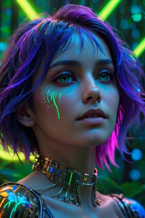 close up portrait, lucid dream-like woman, off-centered, looking off in distance  style | daydreampunk, beautiful, she is dripping in neon lights, colorful, bioluminescent, glowing  background | forest, vivid neon wonderland, particles, blue, green, purple parameters | golden ratio, hyper- maximalist, octane render, photorealism, cinematic realism, unreal engine, 8k, assymetric composition