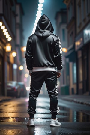 masterpiece, excellent quality, 8K, photo of a hooded man in black and white tracksuit D&G style, shot from behind, dramatic thriller style night background, detailed photorealistic, highly detailed, blurry photo, intricate, super detailed, detailed, adjust lights and shadows,