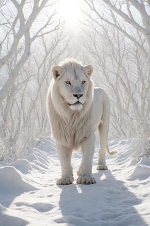 natural scenery, white lion in winter, while hunting, realistic environment with sun reflections and shadows, very high quality cinematographic scenography, breathtaking scene of a great masterpiece, crazy 8k graphics, everything wonderful and detailed photorealistic, kitakoumae