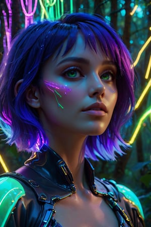 close up portrait, lucid dream-like woman, off-centered, looking off in distance  style | daydreampunk, beautiful, she is dripping in neon lights, colorful, bioluminescent, glowing  background | forest, vivid neon wonderland, particles, blue, green, purple parameters | golden ratio, hyper- maximalist, octane render, photorealism, cinematic realism, unreal engine, 8k, assymetric composition