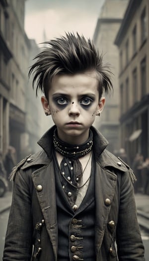 19th century punk, cinematic, vintage, daguerreotype photo, mixed media collage, double exposure, emotionally expressive Oliver Twist as Victorian era punk rocker street urchin, big pleading eyes, Tim Burton, Mark Ryden, Mohawk hairdo, eyeliner, London streets background, tattered punk clothing, metal studs.