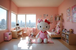 funny dressed puppy hello kitty, colorful apartment with many games, realistic environment with solar reflections and shadows, very high quality cinematographic scenography, breathtaking scene of a great masterpiece, crazy 8k graphics, everything wonderful and detailed photorealistic, kitakoumae