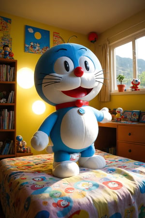 Doraemon puppet plays in his colorful bedroom with lots of games, realistic environment with solar reflections and shadows, very high quality cinematographic scenography, breathtaking scene of a great masterpiece, crazy 8k graphics, everything wonderful and photorealistic detailed, kitakoumae