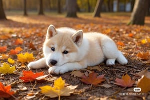 An Akita Inu puppy, one month old, lying down, funny pose, in autumn, realistic environment with lights and shadows, all very detailed and high quality, cover photographic masterpiece, cat, lying on the ground