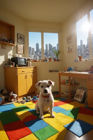 funny dressed puppy bing, colorful apartment with many games, realistic environment with solar reflections and shadows, very high quality cinematographic scenography, breathtaking scene of a great masterpiece, crazy 8k graphics, everything wonderful and detailed photorealistic, kitakoumae