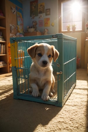 funny puppy dog ​​in his kennel, colorful apartment with many games, realistic environment with solar reflections and shadows, very high quality cinematographic scenography, breathtaking scene of a great masterpiece, crazy 8k graphics, everything wonderful and photorealistic detailed, kitakoumae