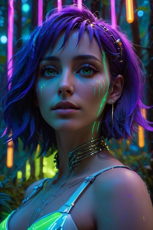 close up portrait, lucid dream-like woman, off-centered, looking off in distance  style | daydreampunk, beautiful, she is dripping in neon lights, colorful, bioluminescent, glowing  background | forest, vivid neon wonderland, particles, blue, green, purple parameters | golden ratio, hyper- maximalist, octane render, photorealism, cinematic realism, unreal engine, 8k, assymetric composition