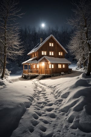 natural scenery, little house illuminated on a winter night, realistic environment with solar reflections and shadows, very high quality cinematographic scenography, breathtaking scene of a great masterpiece, crazy 8k graphics, everything wonderful and detailed photorealistic, kitakoumae