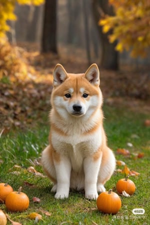 Un cucciolo di Akita Inu, di un mese di età, sdraiato, posa buffa, in autunno, ambiente realistico con luci e ombre tutto molto dettagliato di alta qualità, capolavoro fotoscenico da copertina,cat