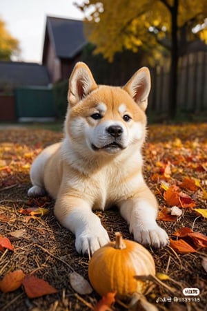 An Akita Inu puppy, one month old, lying down, funny pose, in autumn, realistic environment with lights and shadows, all very detailed and high quality, cover photographic masterpiece, cat, lying on the ground