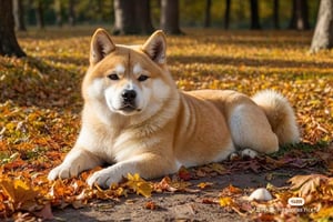 An Akita Inu, lying down, funny pose, in autumn, realistic environment with lights and shadows, all very detailed and high quality, cover photographic masterpiece, cat, lying on the ground