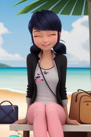 Marinette,  sitting,  beach. Smile 