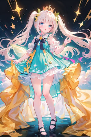 masterpiece, best quality, full body (loli with big fairy wings holographic colors) standing (happy),  frilled dress,golden long hair, twintails, bowtie, beautiful eyes, shamed, flower patterned dressed in a regal attire befitting a princess, she wears a combination of black and yellow garments adorned with intricate patterns. a crown adorns her head, symbolizing her royal lineage.

her eyes, a striking shade of orange, sparkle with curiosity and rosy cheeks add a touch of innocence to her visage, highlighting her youthful charm.
((white background)) (not background)