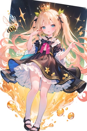 masterpiece, best quality, full body (loli bee), with (bee wings holographic colors) standing (happy),  frilled dress,golden long hair, twintails, bowtie, beautiful eyes, shamed, flower patterned dressed in a regal attire befitting a princess, she wears a combination of black and yellow garments adorned with intricate patterns. a crown adorns her head, symbolizing her royal lineage.

her eyes, a striking shade of orange, sparkle with curiosity and rosy cheeks add a touch of innocence to her visage, highlighting her youthful charm.
((white background))