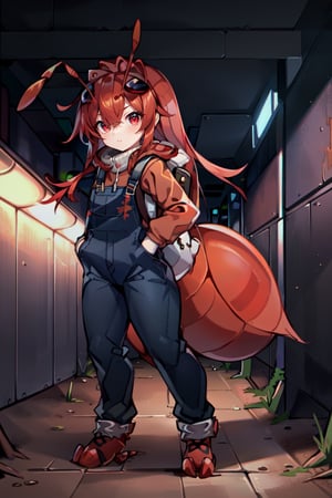 (masterpiece), best quality, expressive eyes, perfect face, looking at viewer, 1litle girl ant_girl, solo, (portrait), (full body), loli female, red hair,(Red ant antennae on head), long hair, two ahoge, hair between eyes, red eyes,Denim overall worker factory, big leather back pack ((red ant cosplay)) subway tunnel 