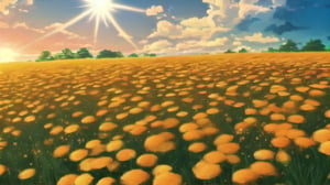 field of orange, yellow, white and red marigold flowers bathed by rays of the dawn sun, bees flying around (high definition, japanese anime style)