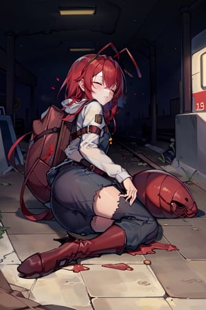 (masterpiece), best quality, expressive eyes, perfect face, 1litle girl ant_girl sleeping, solo, (portrait), (sleep full body), (on a lot of blood stain)loli female, red hair, goggles black on head like bandhead(two Red ant antennae on head), long hair, two ahoge, hair between eyes, closed eyes,Denim overall worker factory, red boots worker factory, big leather back pack ((red ant cosplay)) subway dark tunnel railroad tracks (sleeping on the floor) sleep very tired injury with blood and scars, innocent, preteen 
(Lying on the floor)very young 