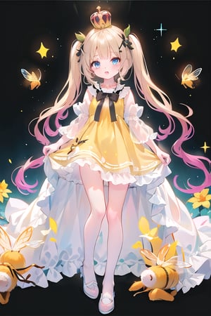 masterpiece, best quality, full body (loli with bee wings holographic colors) standing (happy),  frilled dress,golden long hair, twintails, bowtie, beautiful eyes, shamed, flower patterned dressed in a regal attire befitting a princess, she wears a combination of black and yellow garments adorned with intricate patterns. a crown adorns her head, symbolizing her royal lineage.

her eyes, a striking shade of orange, sparkle with curiosity and rosy cheeks add a touch of innocence to her visage, highlighting her youthful charm.
((white background)) (not background)