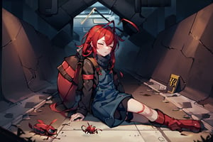 (masterpiece), best quality, expressive eyes, perfect face, 1litle girl ant_girl sleeping, solo, (portrait), (sleep full body), (on a lot of blood stain)loli female, red hair, goggles black on head like bandhead(two Red ant antennae on head), long hair, two ahoge, hair between eyes, closed eyes,Denim overall worker factory, red boots worker factory, big leather back pack ((red ant cosplay)) subway dark tunnel railroad tracks (sleeping on the floor) sleep very tired injury with blood and scars, innocent, preteen 
