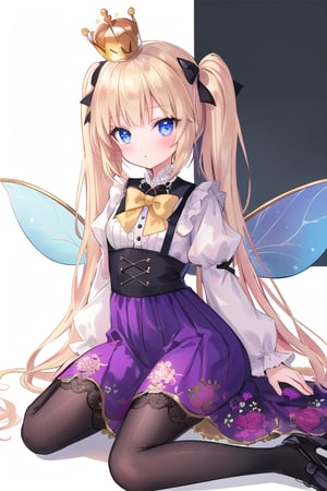 white background, long view, full _ body, fairy wings masterpiece, best quality,
(loli fairy with holograpics iridicent big wings in back),  frilled dress, ((golden yellow long hair)), twintails, bowtie, beautiful eyes, shamed, flower patterned dressed in a regal attire befitting a princess, she wears a combination of black and yellow garments adorned with intricate patterns. a crown adorns her head, inspired of queen bee
((white background)) (not background),cuteloli