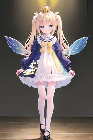 fairy big wings inspired bees masterpiece, best quality, full view, full body, long shot,  (loli fairy with holograpics iridicent big wings in back),  walking, frilled dress, ((golden yellow long hair)), twintails, bowtie, beautiful eyes, shamed, flower patterned dressed in black and gold. a crown adorns her head, 