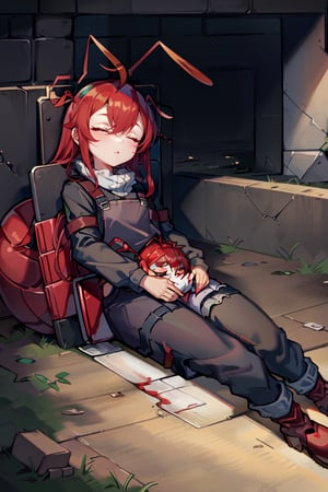 (masterpiece), best quality, expressive eyes, perfect face, 1litle girl ant_girl sleeping, solo, (portrait), (sleep full body), (on a lot of blood stain)loli female, red hair, goggles black on head like bandhead(two Red ant antennae on head), long hair, two ahoge, hair between eyes, closed eyes,Denim overall worker factory, red boots worker factory, big leather back pack ((red ant cosplay)) subway dark tunnel railroad tracks (sleeping on the floor) sleep very tired injury with blood and scars, innocent, preteen 
(Lying on the floor)very young (child)