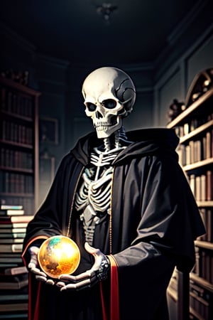 full detailed face, An old skeleton man, in the style of the Mexican Day of the Dead, with iridescent mustache, a skull and skeleton hands, a black robe, is in an old castle, surrounded by books and a spherical iridescent crystal orb to read the future.