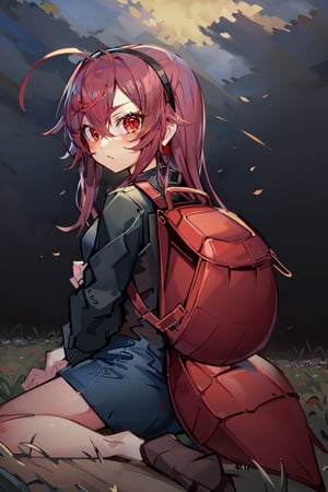 (masterpiece), best quality, expressive eyes, perfect face, looking at viewer, 1girl ant_girl, solo, (portrait), (full body), loli female, red hair,(Red ant antennae on head), long hair, ahoge, hairband, crossed bangs, hair between eyes, black hairband, sidelocks, red eyes,Denim overall worker factory, big leather back pack (field), lycoris radiata, sky