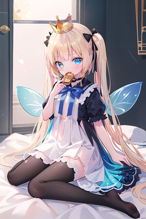 fairy wings, masterpiece, best quality, full body expression, illustration for a anime book, for visual novel sprite
(loli fairy with holograpics iridicent big wings in back),  frilled dress, ((golden yellow long hair)), ((bread toast in mouth)) twintails, bowtie, beautiful eyes, shamed, flower patterned dressed in a regal attire befitting a princess, she wears a combination of black and yellow garments adorned with intricate patterns. a crown adorns her head, inspired of queen bee,
((white background)) (not background)