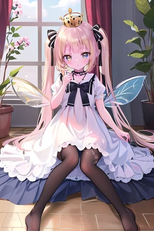 fairy wings masterpiece, best quality, full view, full body, long shot, (loli fairy with holograpics iridicent big wings in back),  frilled dress, ((golden yellow long hair)), twintails, bowtie, beautiful eyes, shamed, flower patterned dressed in a regal attire befitting a princess, she wears a combination of black and yellow garments adorned with intricate patterns. a crown adorns her head, inspired of queen bee