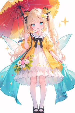 masterpiece, best quality, full body (loli), with (wings of a fairy, with iridescent litmus holographic colors) standing (happy),  frilled dress,golden long hair, twintails, bowtie, beautiful eyes, shamed, flower patterned dressed in a regal attire befitting a princess, she wears a combination of black and yellow garments adorned with intricate patterns. a crown adorns her head, symbolizing her royal lineage.

her eyes, a striking shade of orange, sparkle with curiosity and rosy cheeks add a touch of innocence to her visage, highlighting her youthful charm.
((white background))