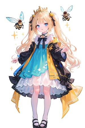 masterpiece, best quality, full body (loli), with (bee wings holographic colors) standing (happy),  frilled dress,golden long hair, twintails, bowtie, beautiful eyes, shamed, flower patterned dressed in a regal attire befitting a princess, she wears a combination of black and yellow garments adorned with intricate patterns. a crown adorns her head, symbolizing her royal lineage.

her eyes, a striking shade of orange, sparkle with curiosity and rosy cheeks add a touch of innocence to her visage, highlighting her youthful charm.
((white background))
