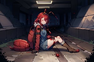 (masterpiece), best quality, expressive eyes, perfect face, 1litle girl ant_girl sleeping, solo, (portrait), (sleep full body), (on a lot of blood stain)loli female, red hair, goggles black on head like bandhead(two Red ant antennae on head), long hair, two ahoge, hair between eyes, closed eyes,Denim overall worker factory, red boots worker factory, big leather back pack ((red ant cosplay)) subway dark tunnel railroad tracks (sleeping on the floor) sleep very tired injury with blood and scars, innocent, preteen 
